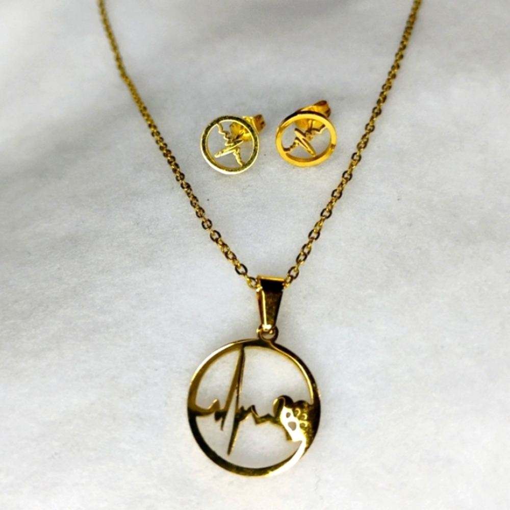 Gold Heartbeat Necklace and Earring Set